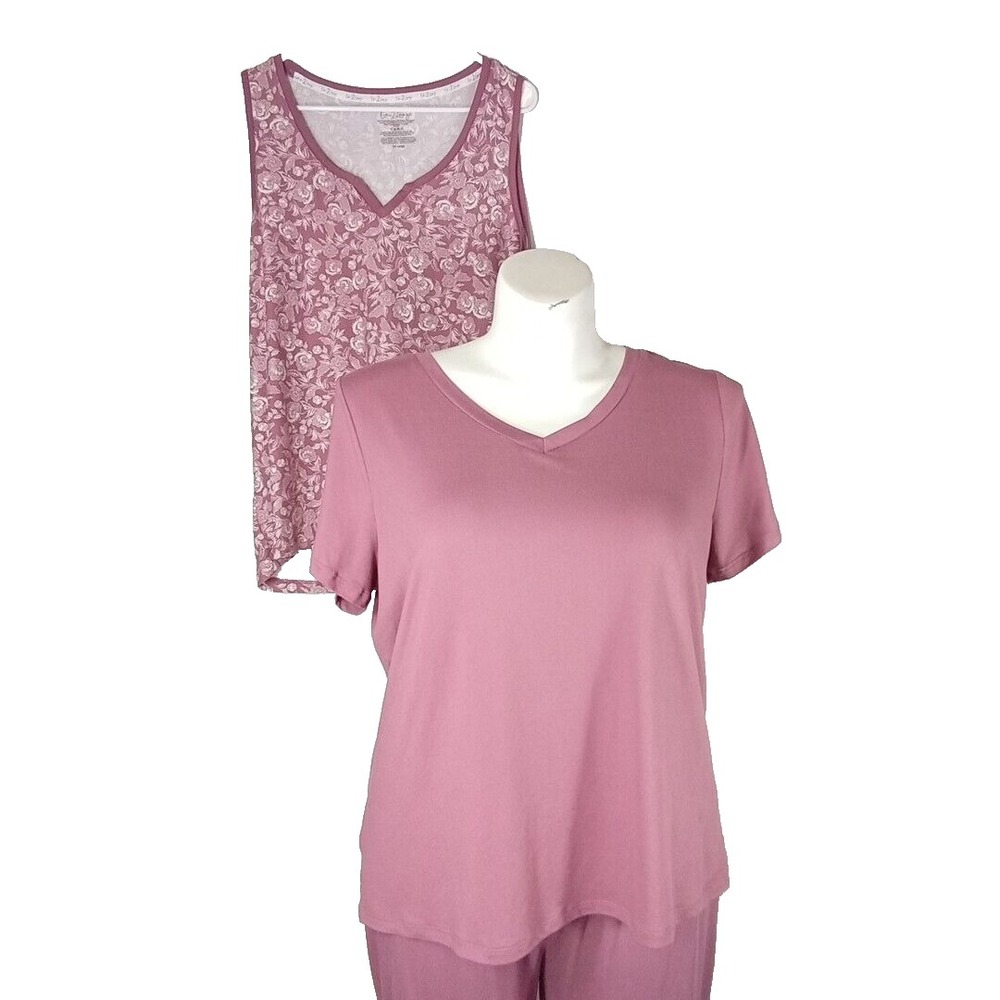 Live‎ 2 Lounge Womens 3 Piece Pajama Set 2XL Mauve Solid Top Pant Floral Tank LN